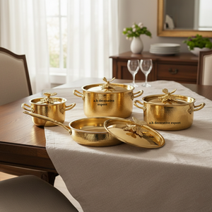 Ensemble de casseroles de luxe en acier inoxydable martelé doré, écologique, avec boutons de couvercle papillon, compatible gaz et induction, pour mariage et décoration intérieure - Product Image 2