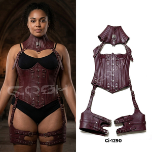 Burgundy Leather <b>Gothic</b> <b>Corset</b> with Harness Plus Size Medium Control Underbust Shape Daily Use Hole Detail & Front Logo - Product Image 5