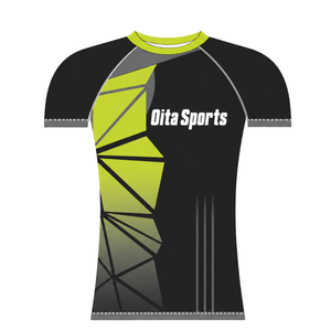 <b>Black</b> Lime Green Short Sleeve Rowing Base layer Crew Neck Geometric Performance Training Athletic Sports <b>Compression</b> <b>Shirt</b> - Product Image 1