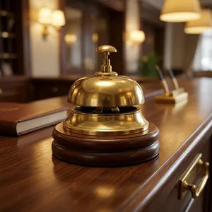 <b>Brass</b> Reception Desk <b>Bell</b> on Solid Wooden Base Luxury Push Button Service <b>Bell</b> Classic Countertop <b>Bell</b> for Hotel Restaurant - Product Image 4