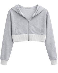 Sudadera con capucha corta personalizada para mujer, color gris claro y forro polar de algodón, sudadera con capucha de colores contrastantes, chaqueta informal estilo streetwear. - Product Image 1
