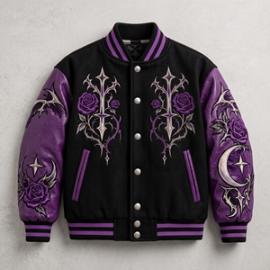 <b>Men</b> Black Purple Leather Sleeve <b>Jacket</b> Custom Rose Embroidery <b>Gothic</b> Floral Streetwear Snap Button Bomber - Product Image 6