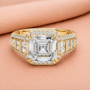 Bague de fiançailles et de mariage en or massif 14 carats plaqué rhodium avec halo de diamants de laboratoire taille Asscher, certifiée IGI, de qualité supérieure - Product Image 1