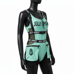 Traje de Baño de Mujer de Alta Calidad en Poliéster y Spandex GSM, Color Verde Menta con Paneles Laterales de Malla Negra, Logotipo Personalizado - Product Image 4