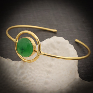 Handmade Classic 18K Gold Plated Oval Cut Green Jade Gemstone Brass Cuff Bangle | Adjustable Gemstone Bangle for Women Gift - Product Image 2