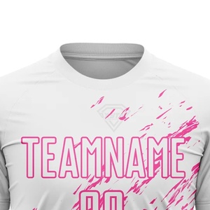 เสื้อยืดกีฬาพิมพ์ลายสีขาวชมพูแบบซับลิเมชั่นสั่งทำได้ ผู้ผลิต OEM ขายส่งเสื้อทีมกีฬา แห้งเร็ว เหมาะสำหรับการฝึกซ้อมฟิตเนส - Product Image 4