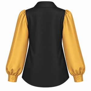Blusa de satén NCBW Coalition con cuello de lazo y logo bordado, manga abullonada, blusa moderna negra y dorada para mujer - Product Image 3