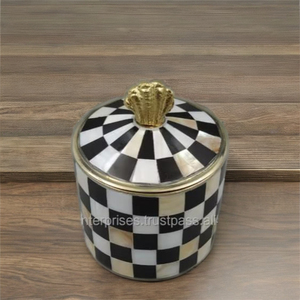 Geometric Design Mother of Pearl Inlay Brass Storage <b>Box</b> with Gold Knob Bohemian Style 2-Layer Folding Design Multi-Purpose Use - Product Image 6