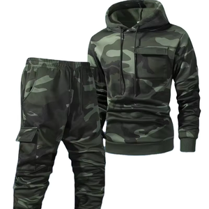 Solid 100% Cotton Terry Fabric 300g Quick Dry Multi Pocket Sports Suit Fashionable Casual Hooded Two-Piece Set Men's - Product Image 1