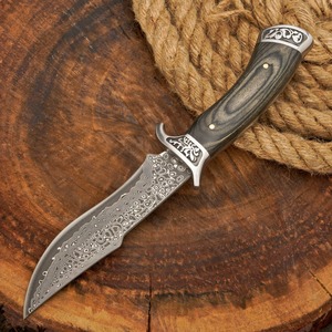 Couteau de camping d'extérieur, lame en acier Damas, manche en bois, étui en cuir, couteau personnalisé OEM - Product Image 3