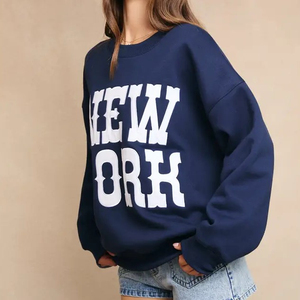 เสื้อสเวตเชิ้ตโอเวอร์ไซส์สีกรมท่าสำหรับผู้หญิง พิมพ์ลายโลโก้ NEW YORK ด้านหน้า สไตล์ลำลอง คอกลม แขนยาว ผ้าฟลีซ ฮู้ดดี้ ผ้าฝ้าย 100% - Product Image 3