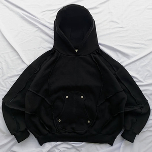 Sweat-shirt à capuche noir surdimensionné pour homme, manches chauve-souris, en coton tricoté, couleur unie, avec poches, style automne - Product Image 1