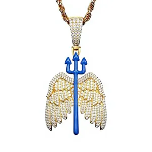 Hip Hop Lab Grown Diamond <b>Angel</b> Wings Trident Pendant 925 Silver Plated Unisex Jewelry - Product Image 2