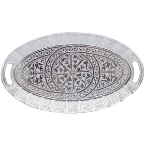 Bandeja de metal plateada marroquí, plato de servir artesanal hecho a mano, bandeja decorativa redonda de latón con diseño oriental para suministro hotelero - Product Image 2