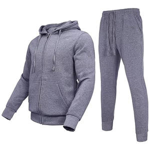 Sudadera con capucha gris para hombre con cremallera y pantalones jogger a juego, conjunto deportivo informal de color liso en felpa francesa, corte regular, para otoño. - Product Image 1