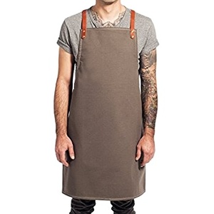 Tablier en coton à bavette Barista de style signature BBQ Sculpture sur bois Bretelles en similicuir Tabliers de jean sans manches à double poche pour la cuisine - Product Image 1