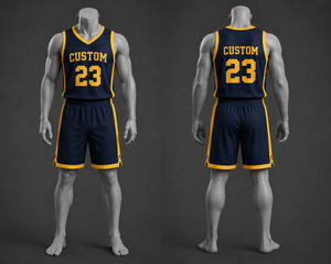 Uniforme de Baloncesto Personalizado, Conjunto de Camiseta y Pantalones Cortos Azul Marino y Dorado, Ropa Deportiva Profesional Transpirable para Equipos, Personalizada para Partidos - Product Image 1