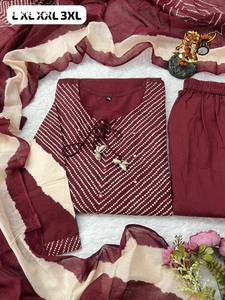 Kurti-Pant-Dupatta Indio de Exportación de Buena Calidad, en Algodón Puro con Estampado Bandhej y Cuello Redondo con Tie-Dori, Preconfeccionado y de Corte Recto - Product Image 4