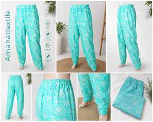 Boho Floral Printed <b>Harem</b> Jogger Pants Women High Elastic Waist Casual Summer Beach Regular Fit Turquoise 100% Cotton - Product Image 3