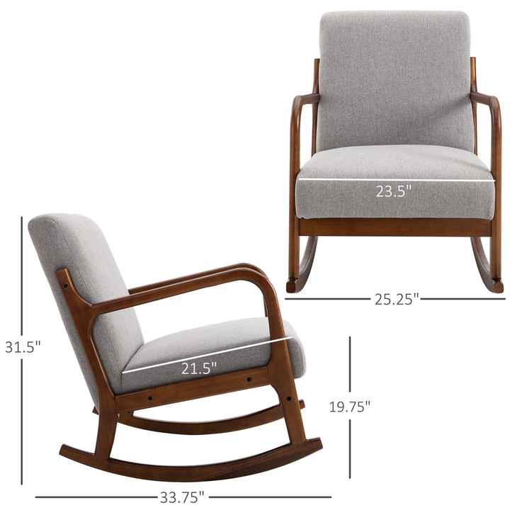 Grey Linen Fabric Rocking Armchair with Upholstered Wood Base for Living Room