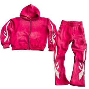 Ensemble sweat à capuche brodé et pantalon évasé style Hip-Hop High Street, coupe courte, délavage vintage, 100% coton, coupe oversize, hiver - Product Image 1