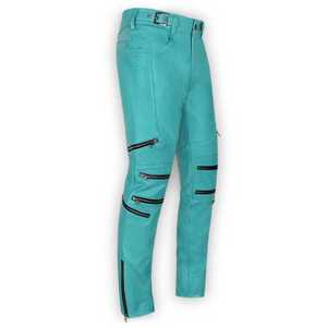 Pantalon moto taille haute pour homme, bleu sarcelle, avec fermetures éclair, coupe droite, style motard, en polyester, pour le printemps, décontracté - Product Image 3