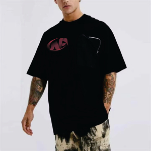 T-shirt à manches courtes noir pour homme avec poche zippée sur la poitrine Coupe classique Décontracté Col rond Jersey en coton - Product Image 6