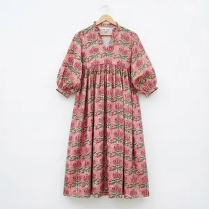 Robe midi en coton à imprimé floral rose vintage avec manches bouffantes, col en V, coupe ample, robe d'été décontractée pour femmes - Product Image 1