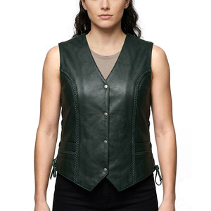 Gilet en cuir confortable pour femme, en cuir véritable souple, sans manches, style décontracté vintage motard - Product Image 1
