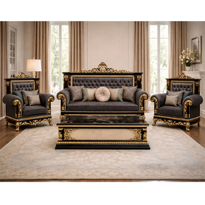 ชุดโซฟาห้องนั่งเล่นสไตล์ยุโรปสีดำสุดหรูห้าที่นั่ง ชุดโซฟาไม้แกะสลักพรีเมียมสำหรับห้องนั่งเล่น ออสเตรเลีย - Product Image 1