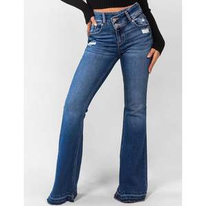 2025 pantalones vaqueros acampanados elásticos de cintura alta para mujer pantalones vaqueros rasgados ajustados con parte inferior de campana bolsillos estilo delgado diseño transpirable - Product Image 2