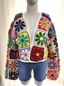 Women's <b>Crocheted</b> Patchwork <b>Cardigan</b> Full Sleeve Bohemian Style Medium Length O-Neck Colorful Floral Appliques Spring Wear - Product Image 2