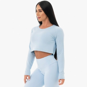 Custom Women <b>Light</b> <b>Blue</b> Cropped <b>Long</b> <b>Sleeve</b> Pullover Crew Neck Knitted Polyester/Cotton <b>Top</b> Breathable Spring Casual Wear - Product Image 2
