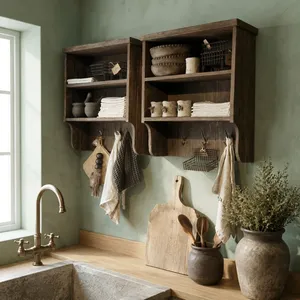 Étagère murale rustique en bois flotté, organisateur de rangement en bois fait main avec crochets, décoration pour la maison, la salle de bain, la cuisine, style cottage et ferme - Product Image 2