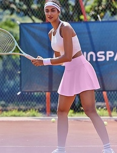 Top Deportivo de Tenis sin Mangas con Cuello Halter Blanco para Mujer, con Falda Rosa, Transpirable, de Poliéster, Ropa Deportiva de Verano - Product Image 4
