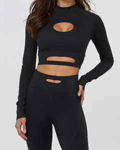 Conjunto de yoga de manga larga con top corto y leggings de compresión para mujer, conjunto deportivo de 2 piezas. - Product Image 1