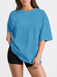 Camiseta Holgada de Cuello Redondo y Manga Corta para Mujer, Color Sólido, 100% Algodón Jersey, Transpirable, para Primavera/Verano - Product Image 1