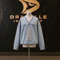 Üniversite Logolu Yıpranmış Yama Numaralı Taşlanmış Kot Jersey Bol Kesim Retro 90'lar Kaykay Unisex V Yaka Günlük Çevre Dostu Kazak