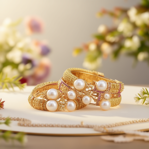 Gold Plated <b>Copper</b> Cuff <b>Bangle</b> with Pearl for Engagement - Product Image 3
