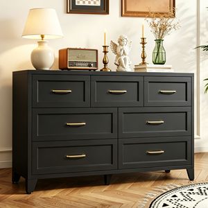 Comò Moderno a 7 Cassetti, Mobile Contenitore Basso in Metallo Nero per Camera da Letto, Soggiorno, Ingresso - Product Image 1