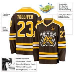 Custom Mesh Polyester Hockey Jersey Long Sleeve Brown & Gold Striped Ice Hockey Shirt With Personalized High Quality Durable - Product Image 3