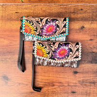 Set Dompet kulit untuk wanita, tas Tote tersembunyi motif bunga dan tas jinjing motif bunga kulit sapi bergaya Barat untuk wanita