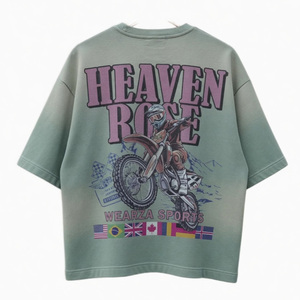 T-shirt graphique unisexe en coton épais surdimensionné pour homme, motif crâne motocross imprimé sur toute la surface, délavé à l'acide, style streetwear, vente en gros - Product Image 1