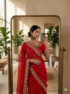 Sari Fendy en satin de luxe avec bordure, motif Royal Butti Aarco, élégant travail Jhal, bordure lourde à sequins, pour fêtes et réceptions de mariage, tenue traditionnelle - Product Image 6