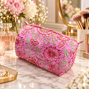 Artisan Inspired Pink Cotton Quilted Cosmetic Bag Tropical Floral Print Zipper <b>Makeup</b> Pouch Wholesale Travel Toiletry <b>Case</b> - Product Image 4