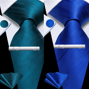 Conjunto de corbata de seda azul clásico con gemelos, pañuelo de bolsillo y pasador de corbata, diseño geométrico, tejido jacquard, accesorio de negocios - Product Image 3