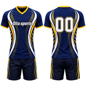Ensemble Maillot et Short de Volleyball Jaune Bleu Marine à Manches Courtes Sublimé – Tenue Professionnelle pour Équipes Sportives et Entraînement - Product Image 1