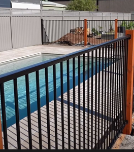 Black Metal Pool Safety Fence Vertical Bar <b>Railing</b> with Wooden Posts for Outdoor Garden Poolside Boundary Security - Product Image 3