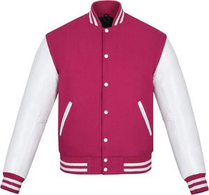 Men's Pink Varsity <b>Jacket</b> With <b>White</b> Sleeves And Striped Cuffs Casual PU Leather Letterman <b>Jacket</b> Autumn Wear - Product Image 1