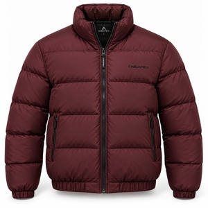 Men's <b>Burgundy</b> <b>Puffer</b> <b>Jacket</b> Stand Collar Zip Up Winter Coat Warm Casual Outdoor Streetwear Custom Private Label - Product Image 3